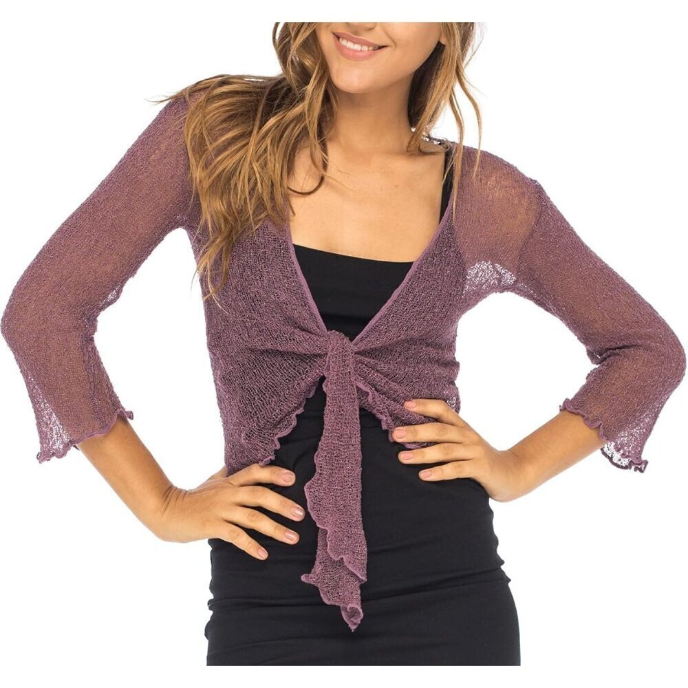 Womens Sheer Knit Shrug Cardigan Lightweight Cover-up Tied-Front Travel